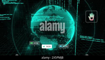 Bild von Social-Media-Symbolen über sich drehender Globus und Datenverarbeitung vor schwarzem Hintergrund Stockfoto