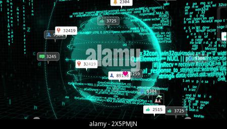 Bild von Social-Media-Symbolen über sich drehender Globus und Datenverarbeitung vor schwarzem Hintergrund Stockfoto