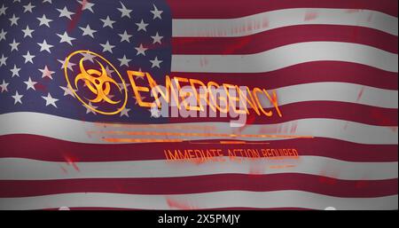 Bild des Notfall-Textbanner mit Biohazard-Symbol vor dem Hintergrund der schwenkenden usa-Flagge Stockfoto