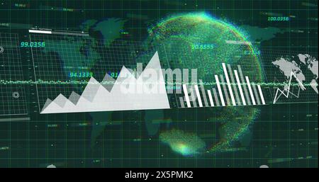 Abbildung von Diagrammen, Karten, Ladebalken, Globus und Karte mit Zahlen auf schwarzem Hintergrund Stockfoto