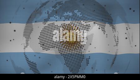 Bild des sich drehenden Globus und Datenverarbeitung vor dem Hintergrund der argentinischen Flagge Stockfoto