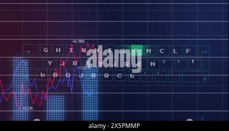 Bild des beleuchteten Musters, das sich auf der Tastatur bewegt, mit mehreren Diagrammen und wechselnden Zahlen Stockfoto