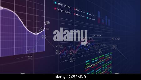 Abbildung mehrerer Diagramme mit wechselnden Zahlen und Trading Boards auf schwarzem Hintergrund Stockfoto