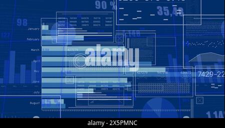 Abbildung von Diagrammen, Monatsnamen, wechselnden Zahlen, Ladekreisen und Balken auf blauem Hintergrund Stockfoto