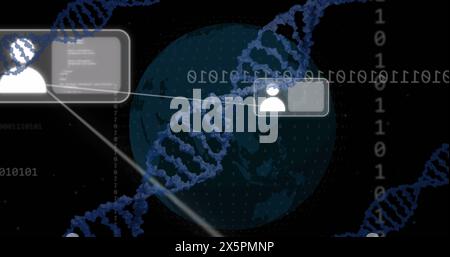Bild von Computersprache, Binärcodes, dna-Helixen und Globus auf schwarzem Hintergrund Stockfoto
