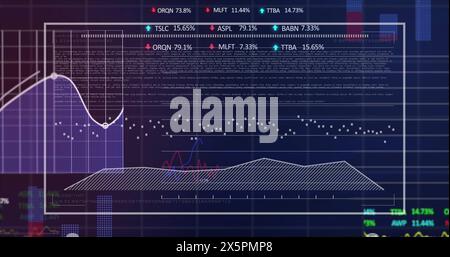Abbildung von Diagrammen, Ladebalken, Handelstafeln, Daten und sich ändernden Zahlen auf schwarzem Hintergrund Stockfoto