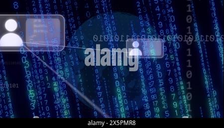 Bild der Computersprache, verbundenen Symbole, Binärcodes und sich ändernden Zahlen über den Globus Stockfoto