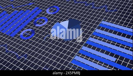Bild der Schnittstelle mit statistischer Datenverarbeitung über das Grid-Netzwerk vor blauem Hintergrund Stockfoto