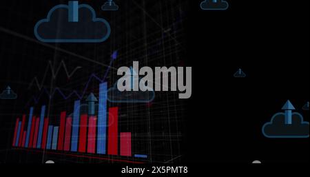 Bild des Pfeils in Wolken mit mehreren Diagrammen und Rastermuster über schwarzem Hintergrund Stockfoto