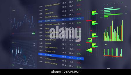 Bild der Schnittstelle zur Verarbeitung statistischer Daten und Börsendaten vor grauem Hintergrund Stockfoto