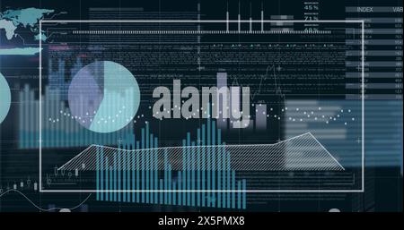 Abbildung von Diagrammen und Daten über Infografik-Oberfläche vor schwarzem Hintergrund Stockfoto
