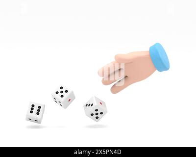 Der Mann wirft Würfel. Vorlage für Glücksspiele. Würfelwürfel werfen. Rote Würfel auf dem Tisch. Mann eifriger Mensch. Spielerkonzept. Wiedergabe in Hand.3D-Rendering auf weiß Stockfoto