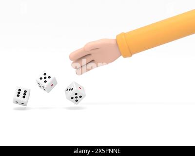 Der Mann wirft Würfel. Vorlage für Glücksspiele. Würfelwürfel werfen. Rote Würfel auf dem Tisch. Mann eifriger Mensch. Spielerkonzept. Wiedergabe in Hand.3D-Rendering auf weiß Stockfoto