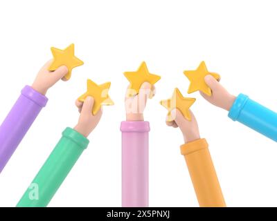 3D-Illustration einer Hand mit fünf Sternen. Kunden wählen eine Zufriedenheitsbewertung und geben positives Feedback ab. Konzept des Kundenservice und u Stockfoto