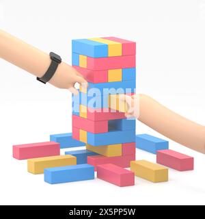 Der Mann wirft Würfel. Vorlage für Glücksspiele. Würfelwürfel werfen. Rote Würfel auf dem Tisch. Mann eifriger Mensch. Spielerkonzept. Wiedergabe in Hand.3D-Rendering auf weiß Stockfoto