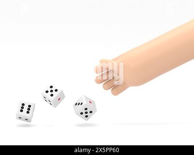 Der Mann wirft Würfel. Vorlage für Glücksspiele. Würfelwürfel werfen. Rote Würfel auf dem Tisch. Mann eifriger Mensch. Spielerkonzept. Wiedergabe in Hand.3D-Rendering auf weiß Stockfoto