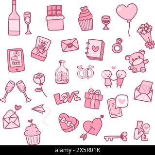 Set handgezeichneter Kritzelsymbole zum Valentinstag Stock Vektor