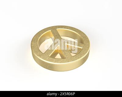 Goldenes Friedenssymbol auf weißem Hintergrund. 3D-Abbildung. Stockfoto