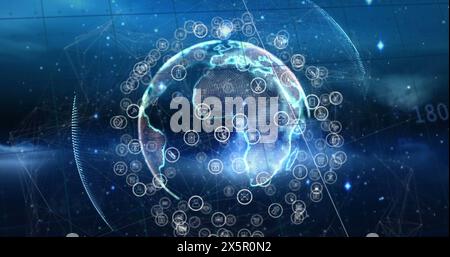 Bild der Datenverarbeitung und des Globus mit Verbindungen und Symbolen Stockfoto