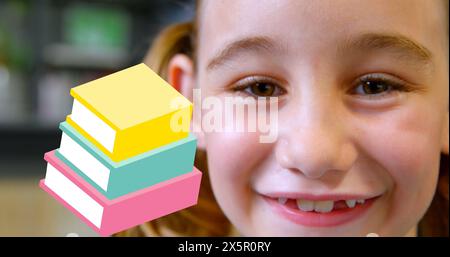 Bild von Büchern, die sich über einen glücklichen kaukasier-Schuljungen bewegen Stockfoto