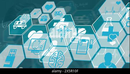 Bild medizinischer Ikonen über kaukasischen Ärzten, die sprechen Stockfoto