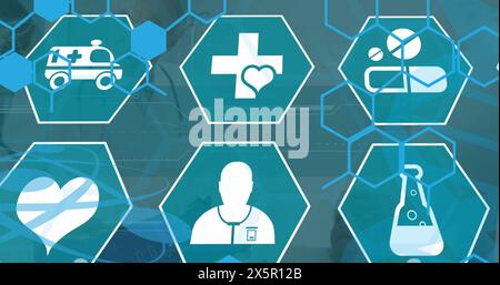 Bild medizinischer Ikonen über kaukasischen Ärzten, die sprechen Stockfoto