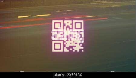 Ein digital generiertes Bild eines qr-Codes mit Neonelementen, die auf schwarzem Hintergrund blinken Stockfoto
