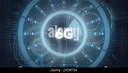 Abbildung: 6g-Text über runden Scannerdrehungen und Mikroprozessoranschlüssen Stockfoto