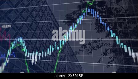 Abbildung mehrerer Diagramme mit wechselnden Zahlen über einer niedrigen Ansicht von Baum und Gebäude Stockfoto