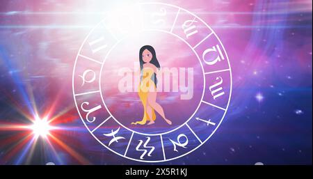 Bild des Sternzeichens libra mit dem Horoskop-Rad, das sich über Sternen dreht, auf blauem bis violettem Hintergrund Stockfoto