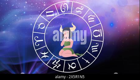 Bild eines Taurussternzeichens mit einem Horoskop-Rad, das sich über Sternen dreht, auf blauem bis violettem Hintergrund Stockfoto