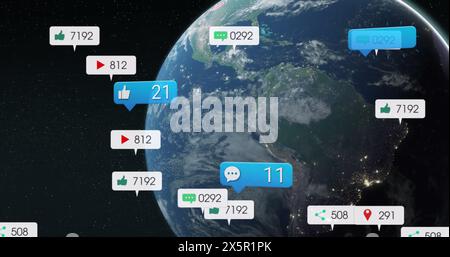 Bild von Social-Media-Ikonen und -Zahlen auf der ganzen Welt Stockfoto