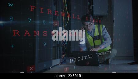 Bild der digitalen Datenverarbeitung und des qr-Codes über kaukasischen Serverraummärzten Stockfoto