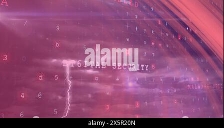 Bild von Lichtspuren und Datenverarbeitung über dem Himmel mit Wolken Stockfoto