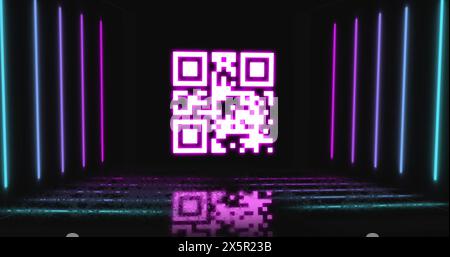 Bild des Neon-qr-Code-Scanners flackert vor schwarzem Hintergrund Stockfoto