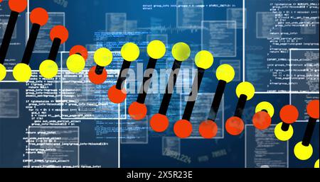 Bild des dna-Strangs und der Datenverarbeitung auf blauem Hintergrund Stockfoto