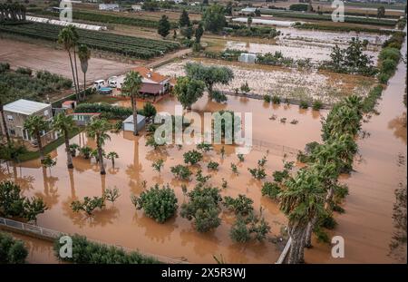 Überflutetes Land, nach einem großen Sturm, in Amposta, Tarragona, Spanien. September 2023 Stockfoto