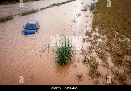 Überflutetes Land, nach einem großen Sturm, in Amposta, Tarragona, Spanien. September 2023 Stockfoto