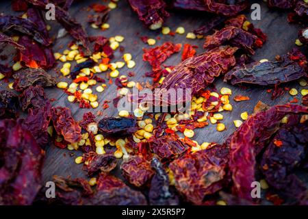 Getrocknete Kashmiri Chilli mit Samen: Authentisches indisches Gewürz - Stockfoto