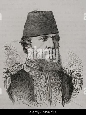 Hobart Pascha (1822-1886). Englischer Marineoffizier und Marineberater der Türkei, der zum Marschall des Osmanischen Reiches ernannt wurde. Er führte die Osmanische Marine während des Russisch-Türkischen Krieges (1877–1878). Hochformat. Gravur. "La Guerra de Oriente" (russisch-türkischer Krieg). Band I. 1877. Stockfoto