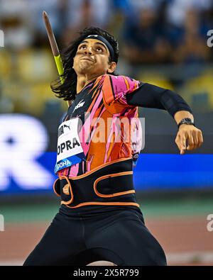 Doha, Katar. Mai 2024. Neeraj Chopra aus Indien tritt beim Speerwurf der Männer beim Doha-Treffen der Wanda Diamond League 2024 in Doha, Katar, am 10. Mai 2024 an. Quelle: Nikku/Xinhua/Alamy Live News Stockfoto