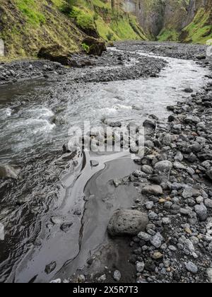 Ein wilder Fluss fließt durch eine felsige Schlucht aus Lavastein, umgeben von grüner Vegetation, Island Stockfoto