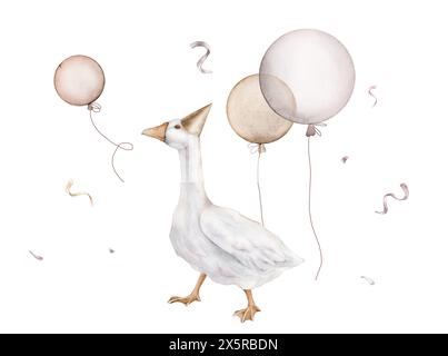 Aquarell Luftballons und Konfetti und Gans auf isoliertem Hintergrund. Handgezeichnete Illustration für Grußkarten mit Vogel. Objektgruppe für Partei Stockfoto