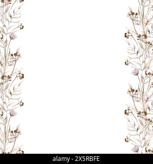 Aquarell nahtloser Rahmen florales zartes Pastell Vintage-Grün-Violett-Braun-Bouquet. Handgezeichnete Illustration isoliert auf weißem Hintergrund Stockfoto