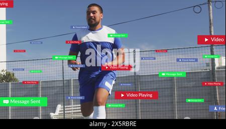 Bild von Social-Media-Ikonen über Fußballspieler Stockfoto