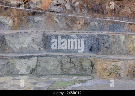 Sandsteinbruchschichten mit Straßen. Graben Industrie Textur Hintergrund, tschechische Landschaft Stockfoto