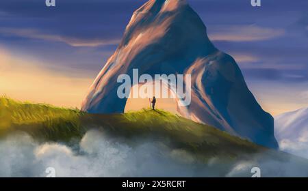 Tourist, Mann, der auf einer Wiese mit Felsbogen und einem fernen Hügel unter Sonnenuntergang läuft. Digitale Malerei Landschaft Hintergrund Illustration Stockfoto