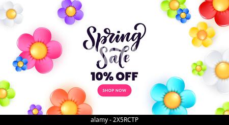 Banner oder Poster für den Frühlingsverkauf mit farbenfrohen, realistischen 3D-Blüten. Vektor glänzende Kunststoff Kamillenpflanzen Design Vorlage mit weißem Hintergrund Stock Vektor