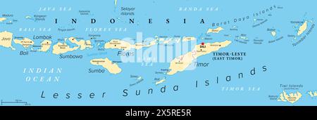 Kleinere Sunda-Inseln, Indonesien, politische Karte. Nusa Tenggara Inseln, Inselgruppe Südostasien. Teil des vulkanischen Sunda Arc. Stockfoto