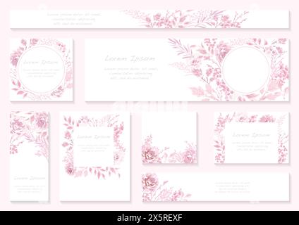 Set aus rosa Blumenhintergründen mit Textraum isoliert auf rosa Hintergrund. Vektorabbildung. Stock Vektor
